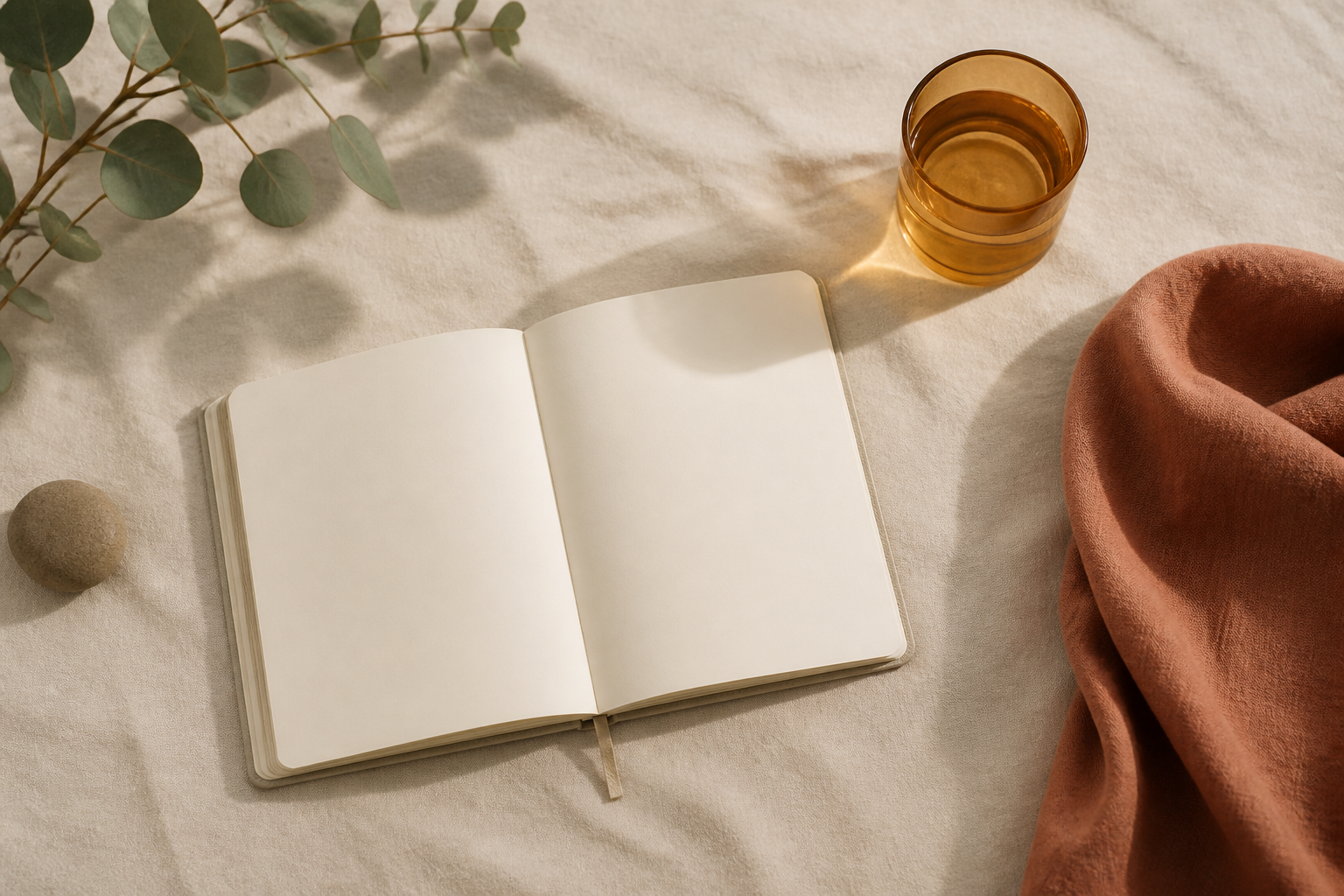 A calm arrangement of a notebook, glass, eucalyptus, cloth, and stone